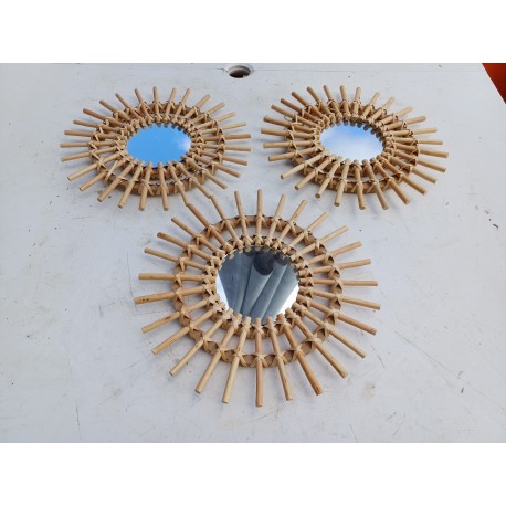 3 Petits Miroirs Vintage Soleil Rotin