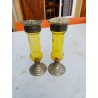 Paire de Bougeoirs Métal Argenté , Verre Jaune