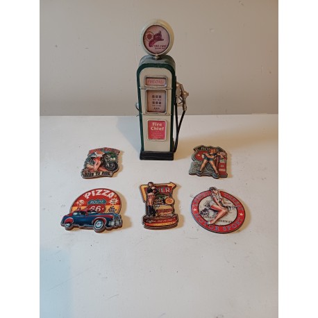 5 Magnets Bois Publicité USA Année 50 + Pompe Tole