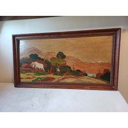 Tableau Bois Peinture vernie signée Clavere