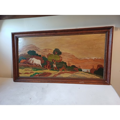 Tableau Bois Peinture vernie signée Clavere