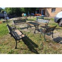 Salon de Jardin , Table , 3 Bancs + 2 Fauteuils Fonte et Bois